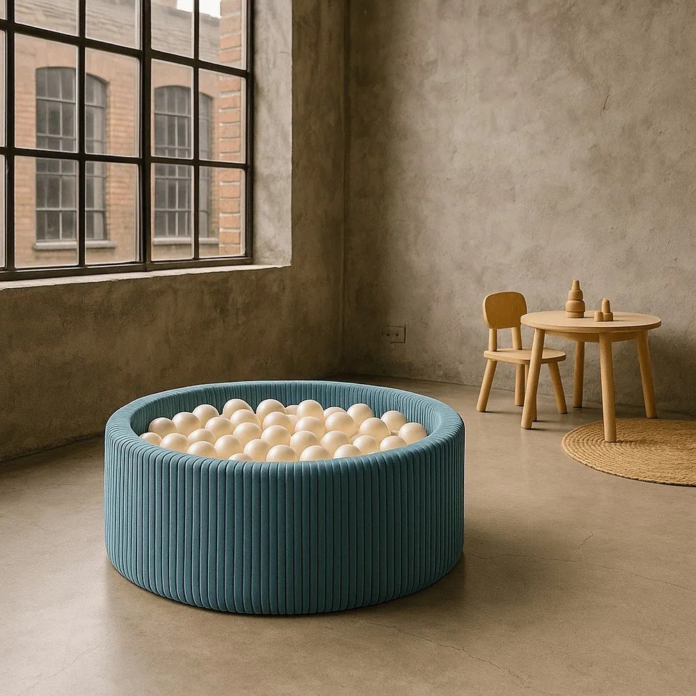 Tyrkysovomodrý menčestrový bazénik s loptičkami ø 90x30 cm Montessori – Meowbaby