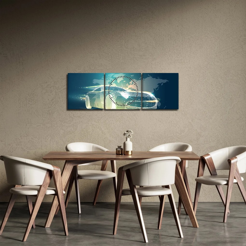 Obraz auta z geometrických tvarov (s hodinami) (90x30 cm)