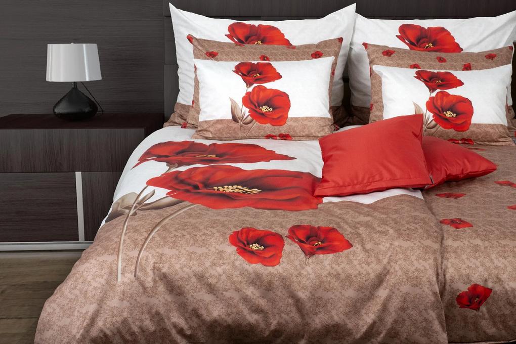 Glamonde luxusné saténové obliečky Poppy s výrazným červeným vlčím makom na  hnedo - bielom podklade 140×200 cm | BIANO