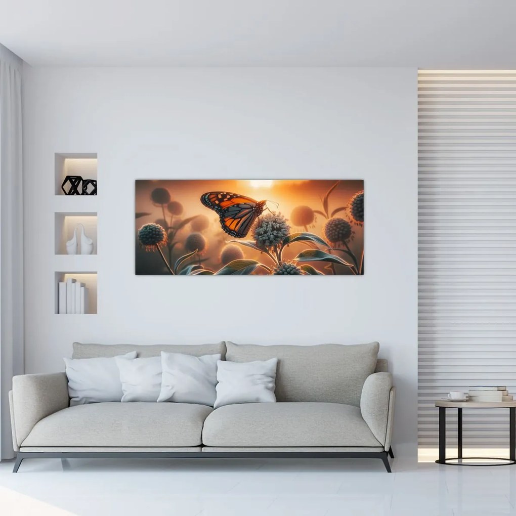 Obraz – Motýľ v zapadajúcom slnku (120x50 cm)
