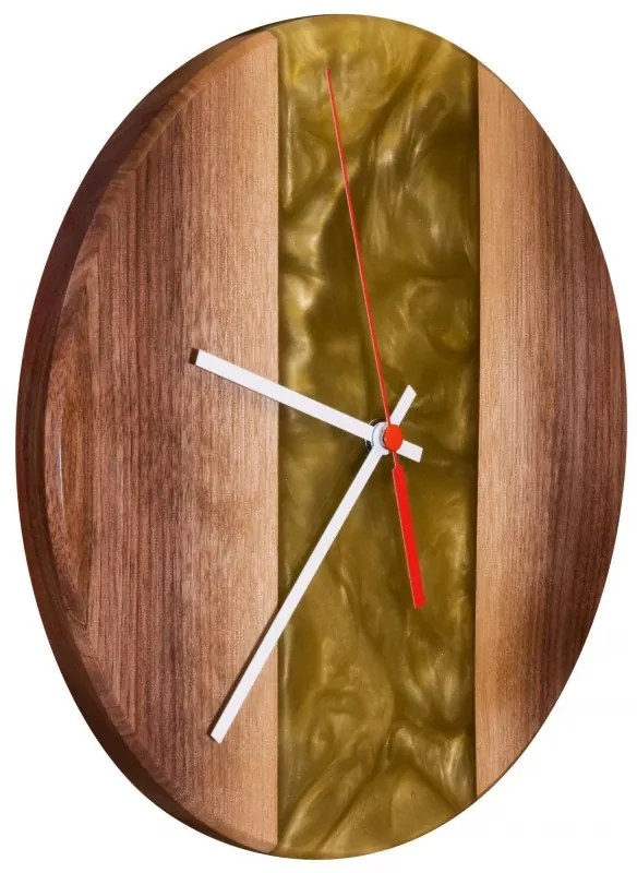 Drevené hodiny s epoxidovou živicou Ø 30CM - orech, zlatá perleť
