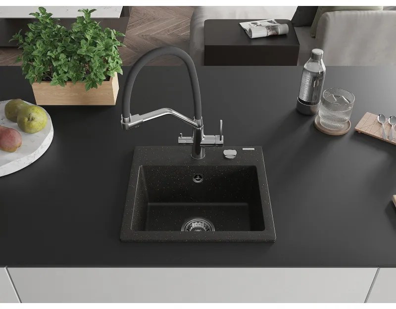 Mexen Milo, granitový drez 435x410x171 mm, 1-komorový a drezová batéria Duo, čierna-zlatá metalíza, 6505-75-671701-07