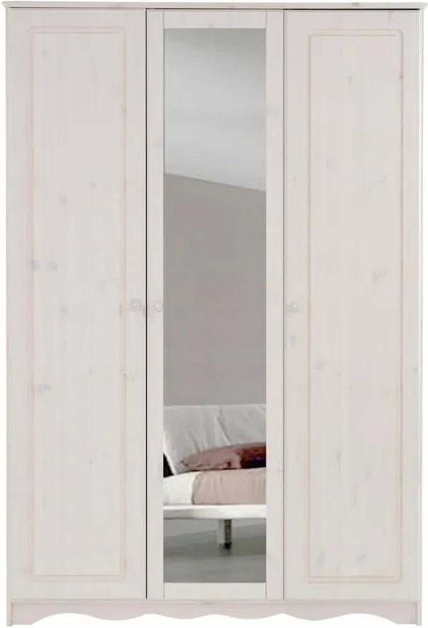 Biela trojdverová šatníková skriňa so zrkadlom z masívneho borovicového dreva Støraa Amanda