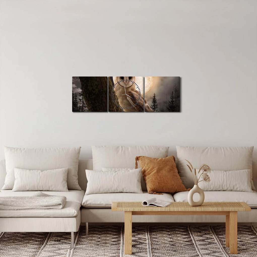 Obraz sovy (s hodinami) (90x30 cm)