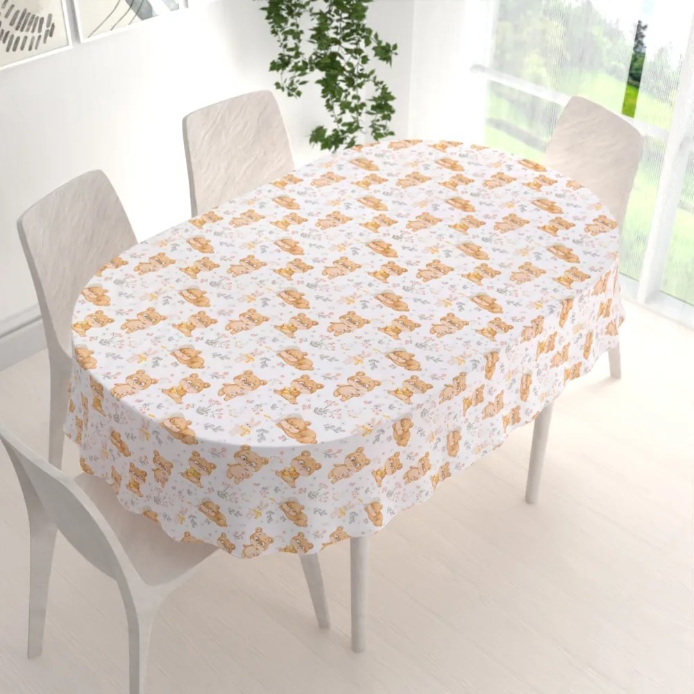 Biante Detský bavlnený oválny obrus Sandra SA-524 Roztomilé medvedíky na bielom 140x200 cm