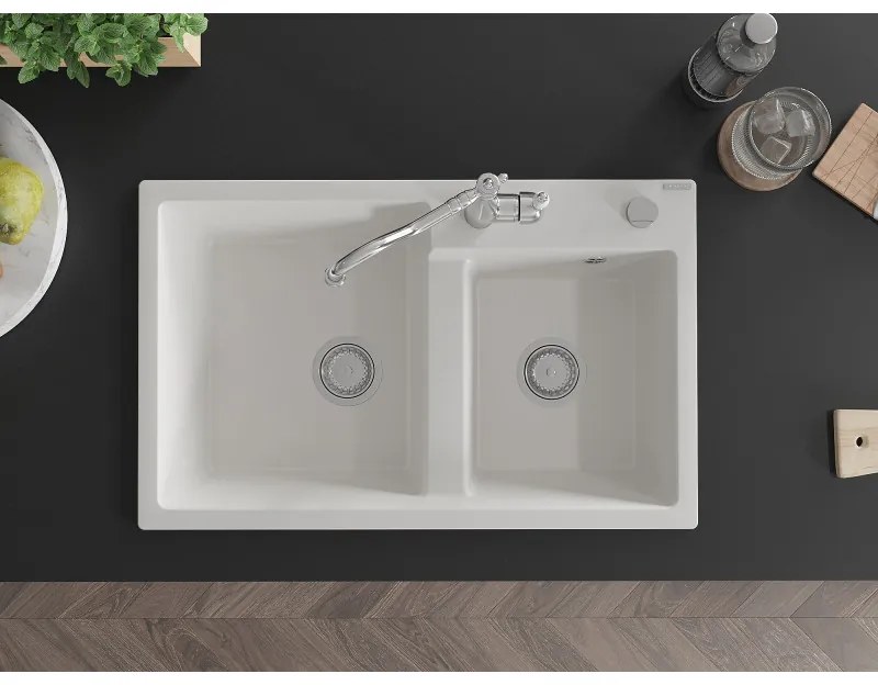 Mexen Tomas, granitový drez 800x500x190 mm, 2-komorový a drezová batéria Carla, biela, 6516-20-670700-00