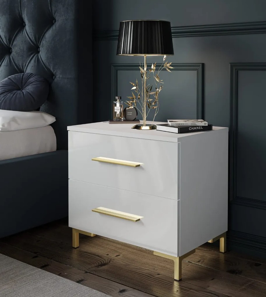 NOČNÝ STOLÍK MARION V LED BIELY LESK + ZLATÉ NOŽIČKY