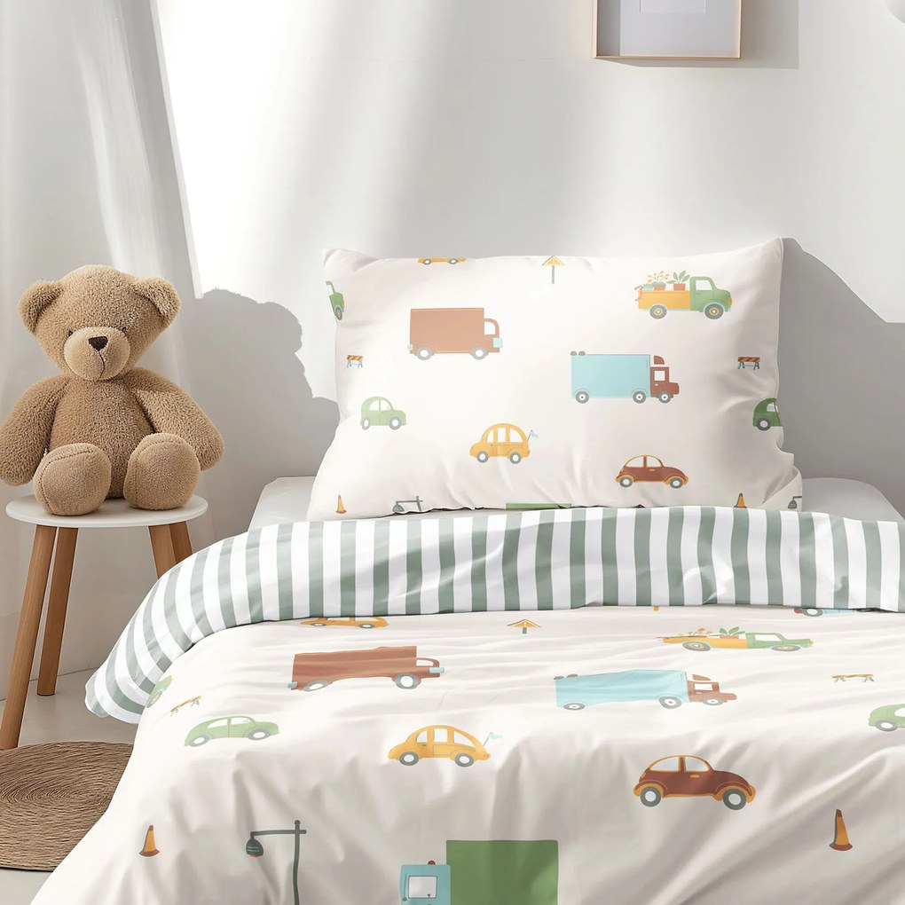 Goldea detské bavlnené obliečky - svet autíčok so šalviovo zelenými prúžkami 150 x 200 a 50 x 60 cm