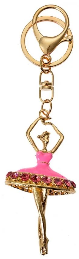 Ružovo-zlatý kovový prívesok na kľúče s kamienkami baletka - 4*2*8 cm