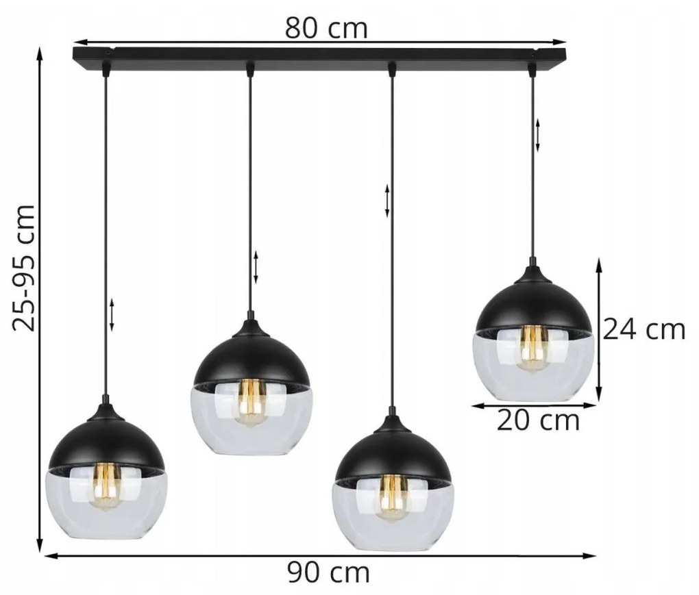 Závesné svietidlo OSLO, 4x čierne/transparentné sklenené tienidlo