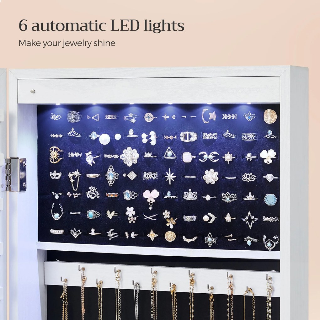 SONGMICS uzamykateľný zrkadlový organizér na šperky so 6 LED, 120 cm, biely
