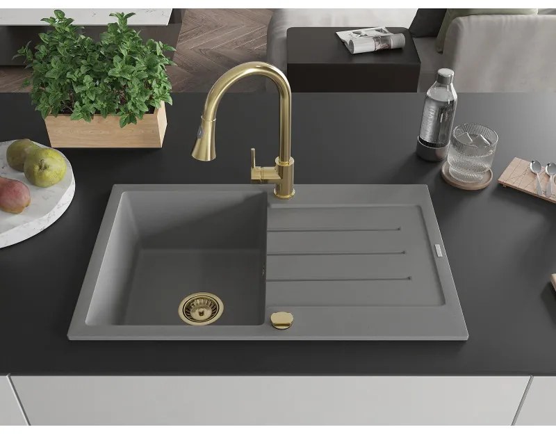 Mexen Bruno, 1-komorový granitový drez 795x495x200 mm a drezová batéria Elia, šedá, 6513-71-670101-50