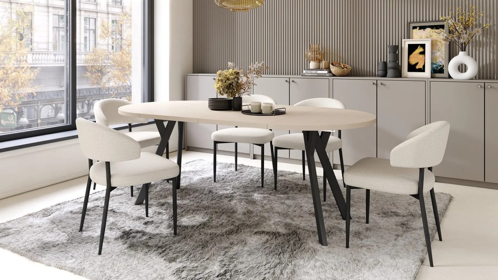 ALMO 100 Béžový/čierne nohy - OKRÚHLY LOFTOVÝ/INDUSTRIÁLNY ROZKLADACÍ STÔL DO OBÝVAČKY/JEDÁLNE