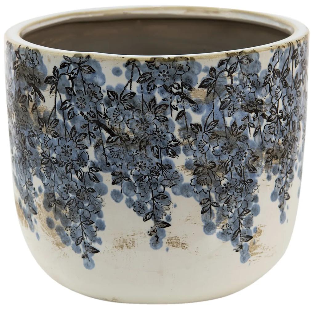 Keramický obal na kvetináč s modrými kvetmi Maun - Ø 15*13 cm