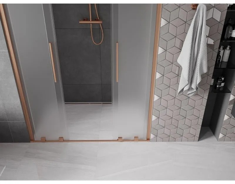 Mexen Velar Duo, posuvné sprchové dvere do otvoru 150 cm, 8mm sklo námraza, medená matná, 871-150-000-32-65