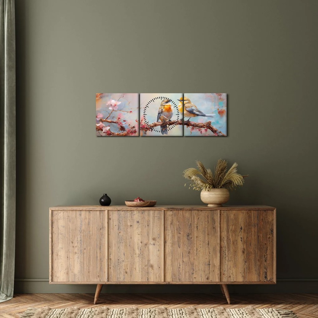 Obraz - Zamilovaní vtáčiky (s hodinami) (90x30 cm)