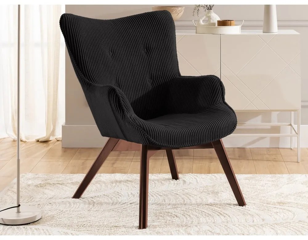 Čierne menčestrové kreslo s podnožkou Niko – Ropez