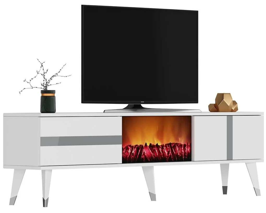 TV stolík/skrinka s krbom Vekika 3 (biela + strieborná) . Vlastná spoľahlivá doprava až k Vám domov. 1095530