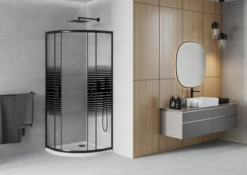 Mexen Rio, štvrťkruhový sprchovací kút s posuvnými dverami 80(dvere) x 80(dvere) x 190 cm, 6mm číre sklo s pásikmi, čierny profil + biela sprchová vanička SLIM, 863-080-080-70-20-4110B
