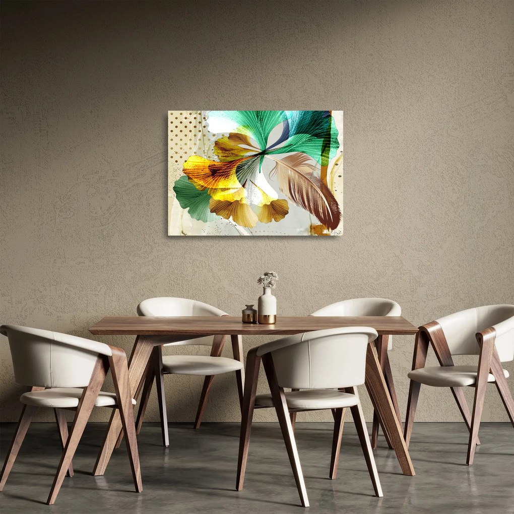 Sklenený obraz - Listy s pierkom (70x50 cm)
