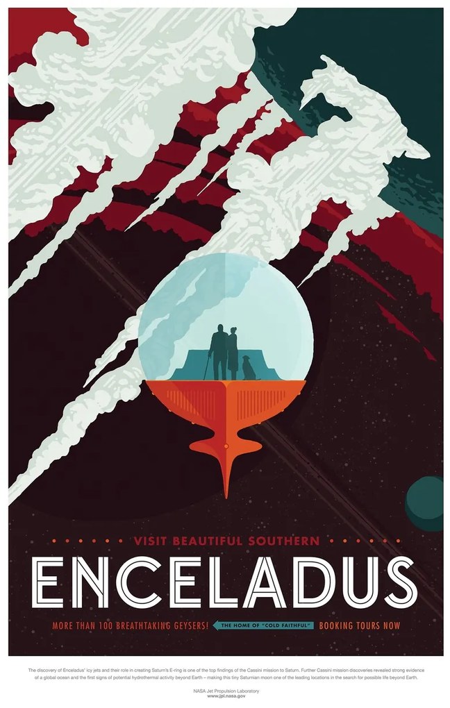 Ilustrácia Enceladus (Retro Planet & Moon Poster) - Space Series (NASA), (26.7 x 40 cm)