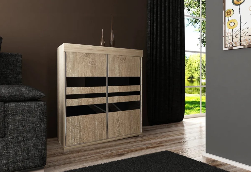 Komoda MADRID 6, 140x94x45, dub sonoma/čierne sklo