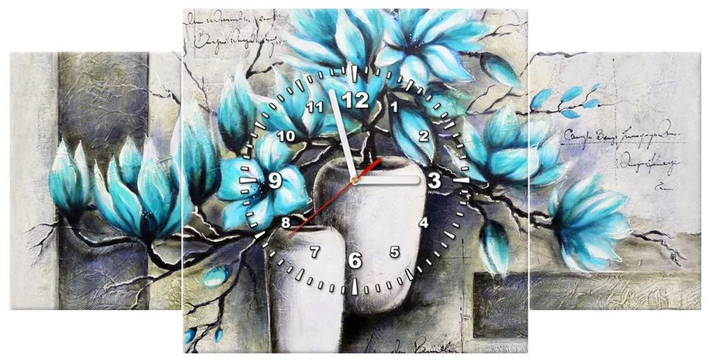 Gario Obraz s hodinami Modré magnólie vo vázach - 3 dielny Rozmery: 100 x 70 cm