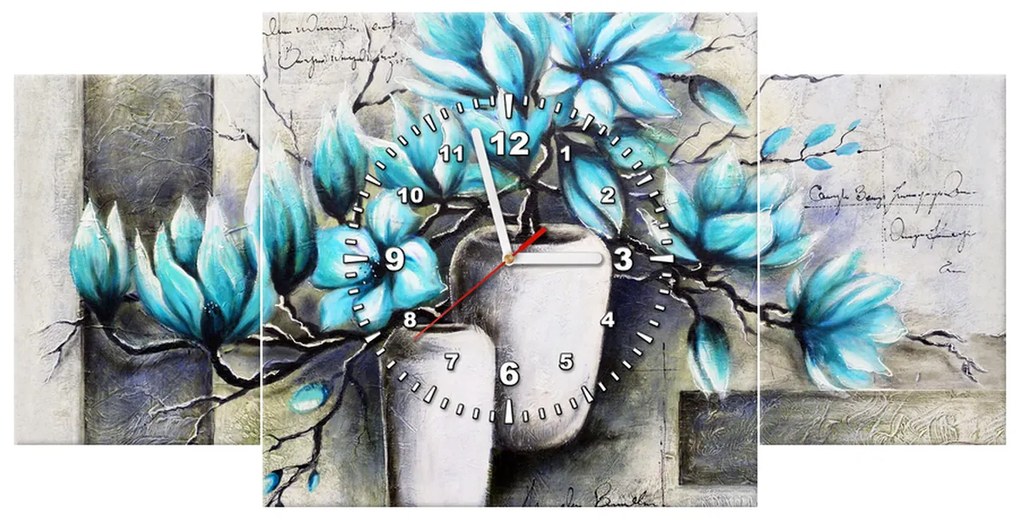 Gario Obraz s hodinami Modré magnólie vo vázach - 3 dielny Rozmery: 90 x 70 cm
