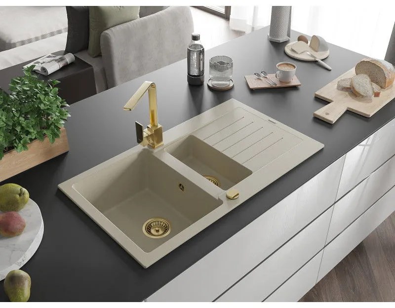 Mexen Matias, granitový drez 900x505x200 mm, 1,5-komorový a zlatá batéria Rita, béžová, 6502-69-670300-50