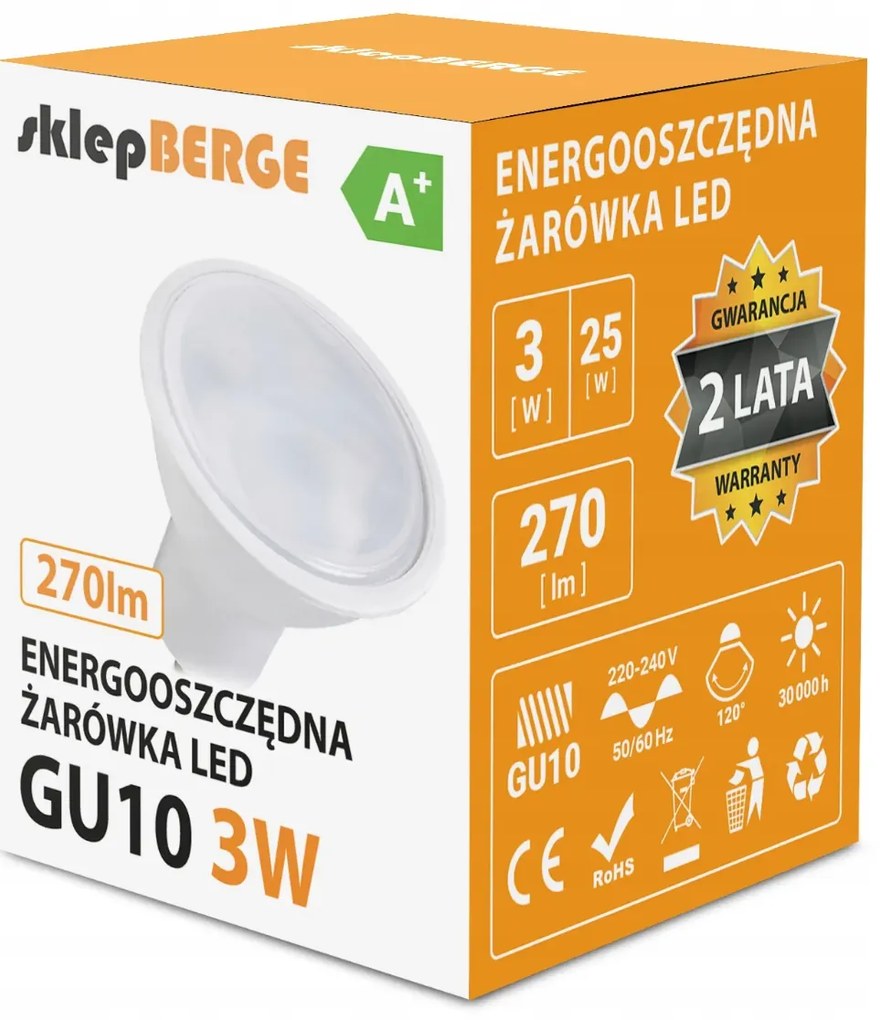 BERGE LED žiarovka - GU10 - 3W - 240Lm - teplá biela