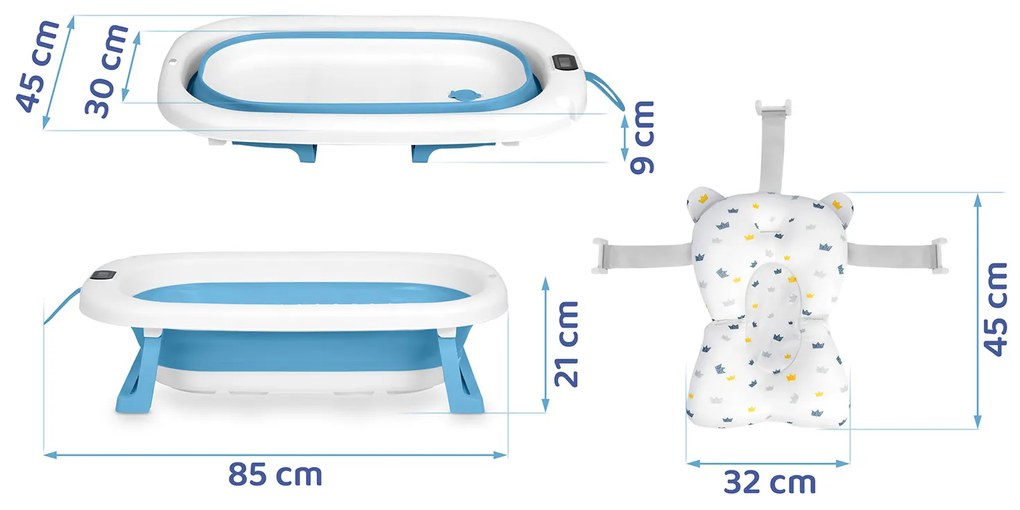 Ricokids Skladacia vanička pre deti, dojčatá s teplomerom a vložkou RK-287 biela a modrá