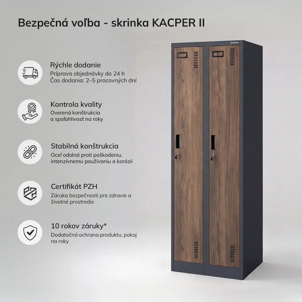 Dvojkomorová zamestnanecká skrinka antracitová, orech, 600x1800x500 mm: KACPER II Eco Design