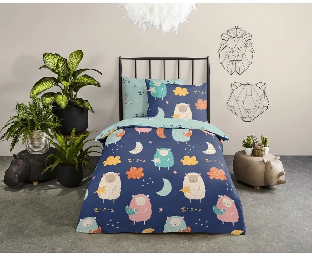 Modré bavlnené detské obliečky na jednolôžko/predĺžené 140x220 cm Sheep – Good Morning