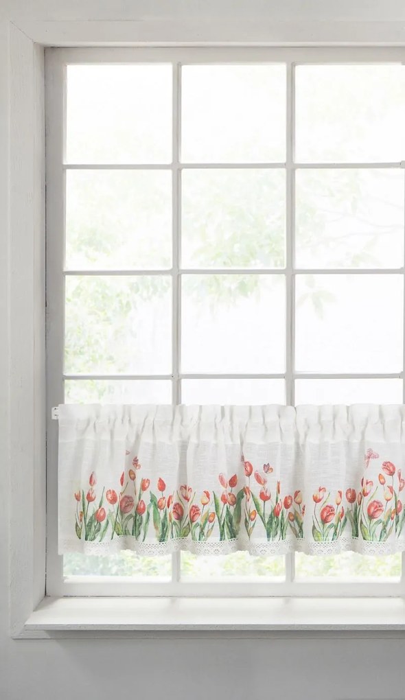 Dekorstudio Kuchynská záclonka STELLA zdobená kvetinovou potlačou a čipkou 150 x 30 cm
