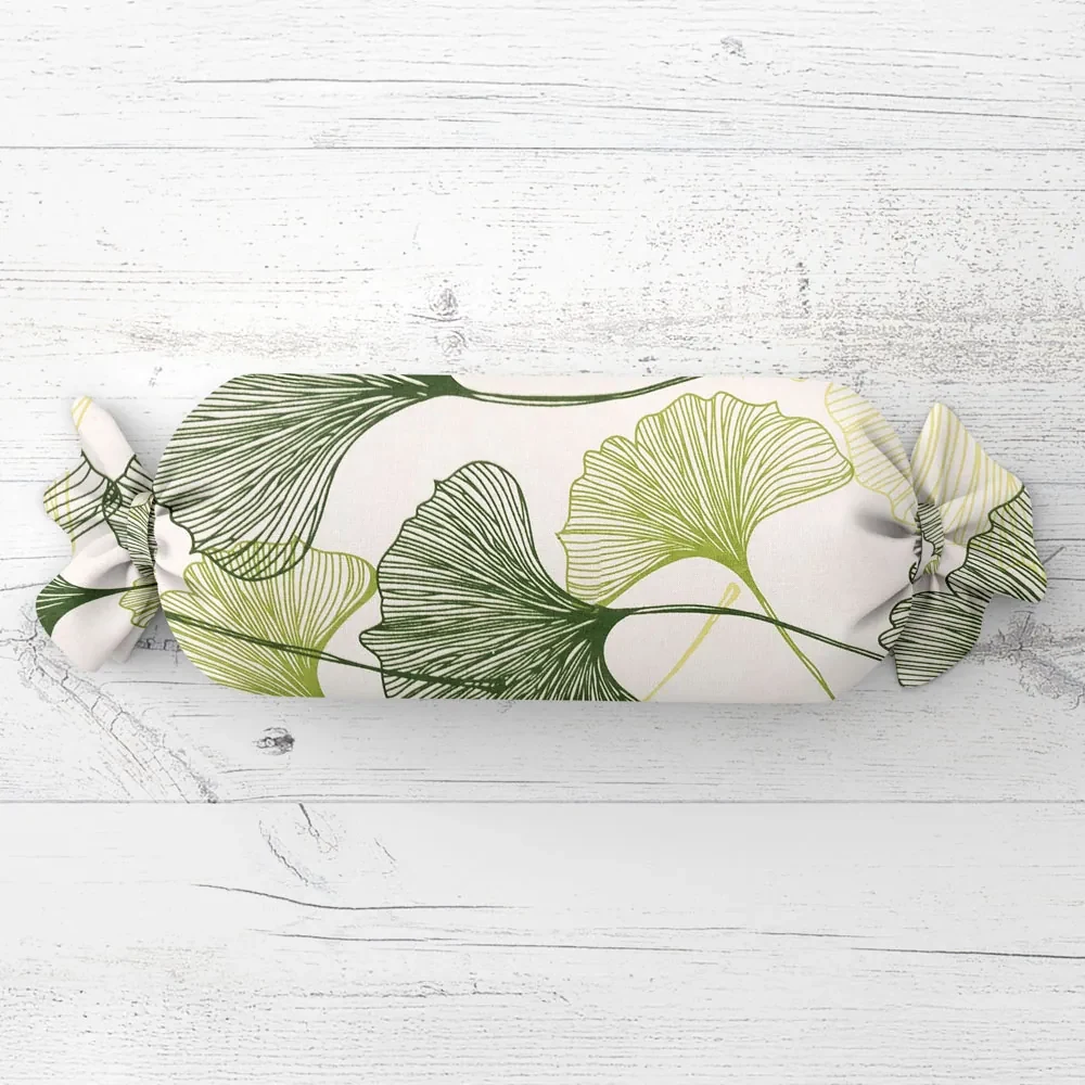 Biante Vankúš valec bonbon Sandra SA-576 Zelené Ginkgo listy na bielom 15x40 cm