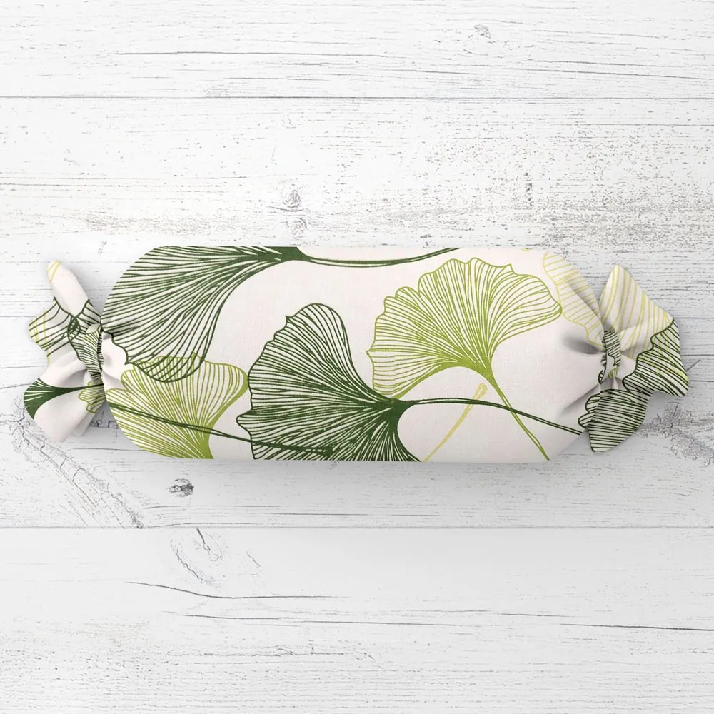 Biante Vankúš valec bonbon Sandra SA-576 Zelené Ginkgo listy na bielom 15x60 cm