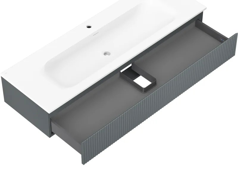 Mexen Rivel, kúpeľňová skrinka 140 cm s umývadlom Vela, 1 zásuvka, drážkovaná, grafitová matná/biela matná, 91A20-14023-1-BF66-W23M0