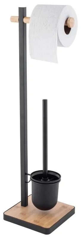 Držiak toaletného papiera s WC štetkou HANK - kov/bambus - čierny