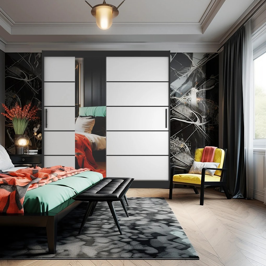 Šatníková skriňa 200 cm Belini čierny mat / biely mat s posuvnými dverami zrkadlom a zásuvkami MBP SZP5/1/B/W/0/KLP