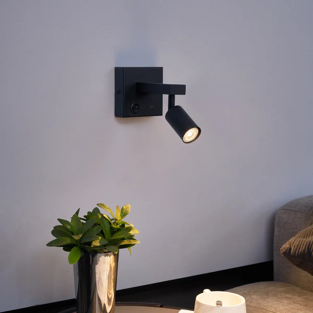 Moderné čierne nástenné svietidlo s USB-C, naklápacie - Rex