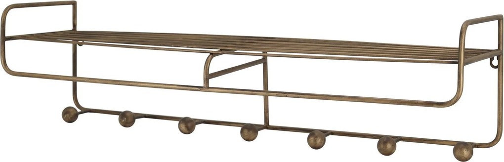 Mosadzná antik nástenná kovová polička s háčikmi Dianne - 80*20*21cm