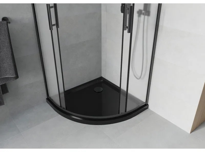 Mexen Rio, štvrťkruhový sprchovací kút s posuvnými dverami 90(dvere) x 90(dvere) x 190 cm, 6mm sklo námraza, čierny profil + čierna sprchová vanička SLIM, 863-090-090-70-30-4170B