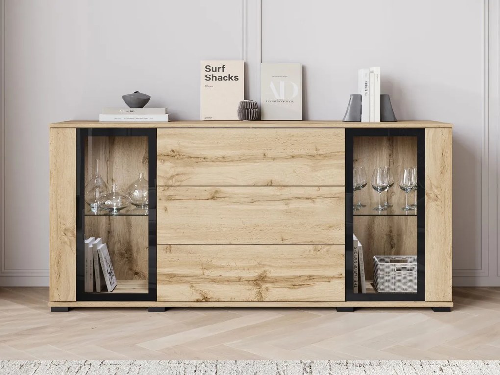 Široká komoda Hedvis SB 150 2D3S, Farby: čierna, Osvetlenie: osvetlenie LED biele