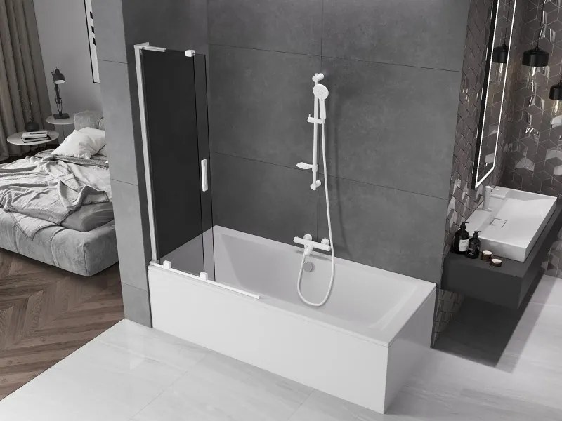 Mexen Velar L, 2-krídlová posuvná vaňová zástena 95 x 150 cm, 8mm šedé sklo, biela matná, 896-095-003-41-20