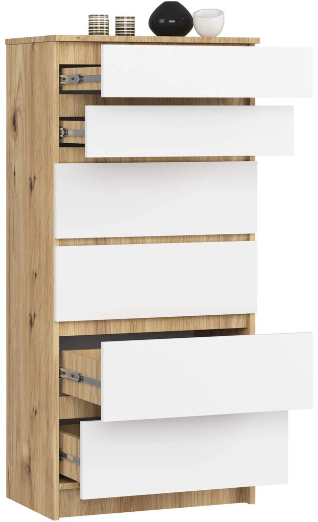 Komoda Kuba 60 cm - 6 zásuviek dub artisan/biela