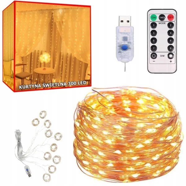 ISO 11332 Svetelný záves 300 LED teplá biela