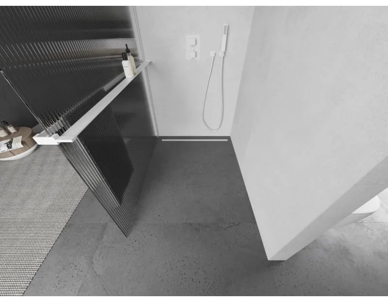 Mexen Kioto+ L, sprchová zástena Walk-In s poličkou a vešiakom 80 x 200 cm, 8mm sklo s rebrovým vzorom, biely profil, 800-080-123-20-09