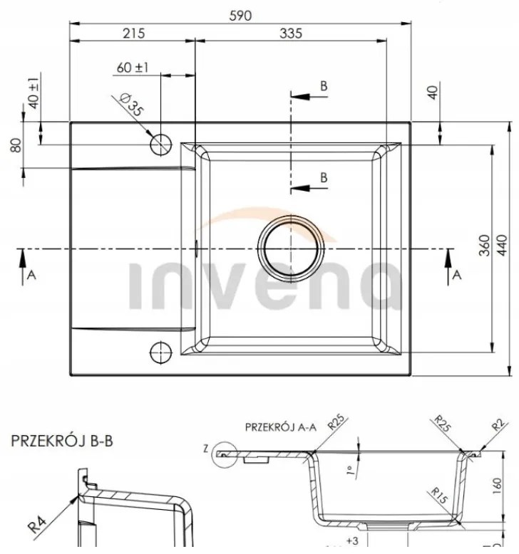 Invena Tesalia, 1-komorový granitový drez s odkvapkávačom 590x440x160 mm a zlatý automatický sifón, INV-AZ-01-Z42-B