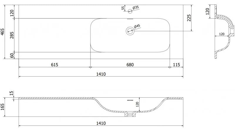 Mexen Vela, umývadlo na zapustenie 141 x 46,5 cm, pravé, biela matná, 25231401P