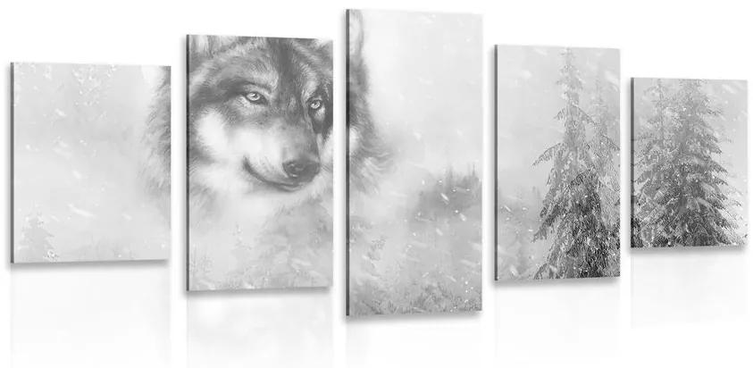 5-dielny obraz vlk v zasneženej krajine v čiernobielom prevedení - 200x100